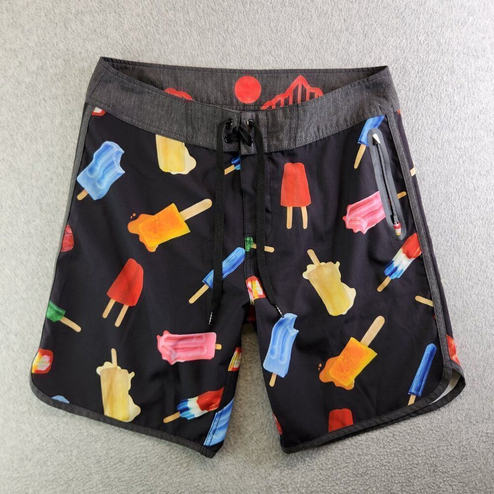 Kavu Board Shorts Mens M Black Ice Cream Popsicle Sunglass Loop Zip Pocket - Picture 16 of 16
